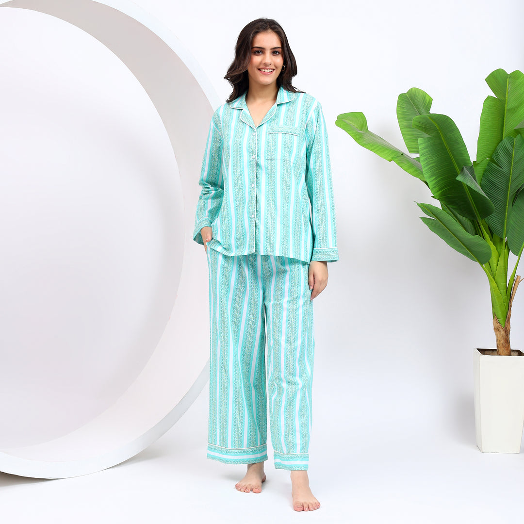 Light Sky Blue Long PJ Set in Striped Pattern Hand In Pocket View