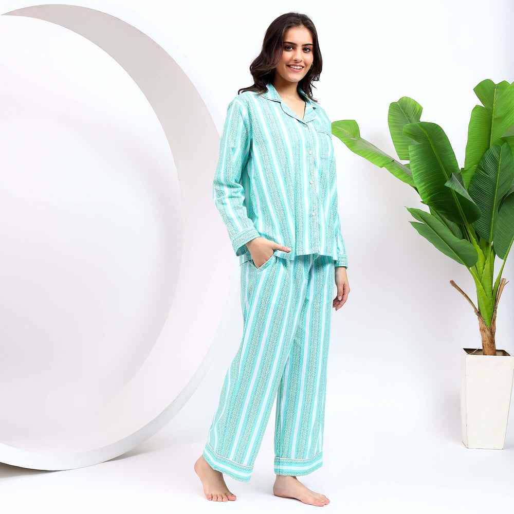 Indian block print striped cotton pajama set for women