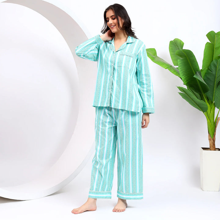 Women’s striped cotton pajamas – Indian block print sleepwear