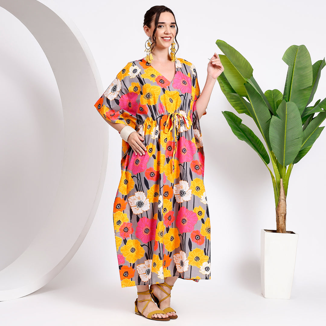 Tropical Sunrise Maxi Kaftan: Floral Fusion Delight