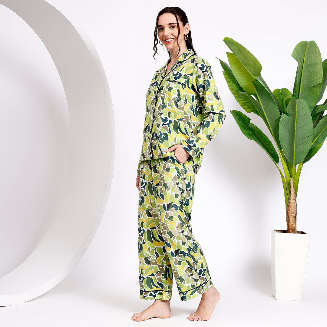 Cozy Nights: Long Sleeve Green Cotton Pajamas Set