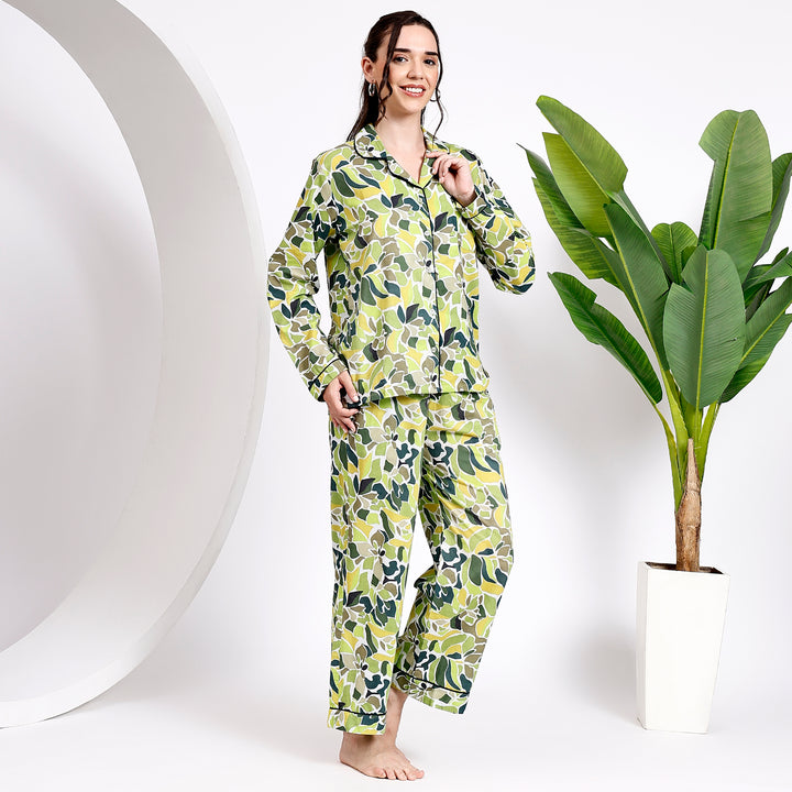 Cozy Nights: Long Sleeve Green Cotton Pajamas Set