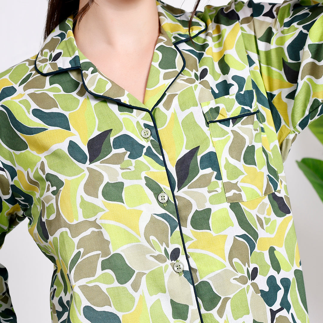 Cozy Nights: Long Sleeve Green Cotton Pajamas Set