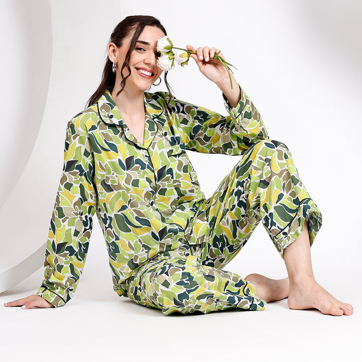 Cozy Nights: Long Sleeve Green Cotton Pajamas Set