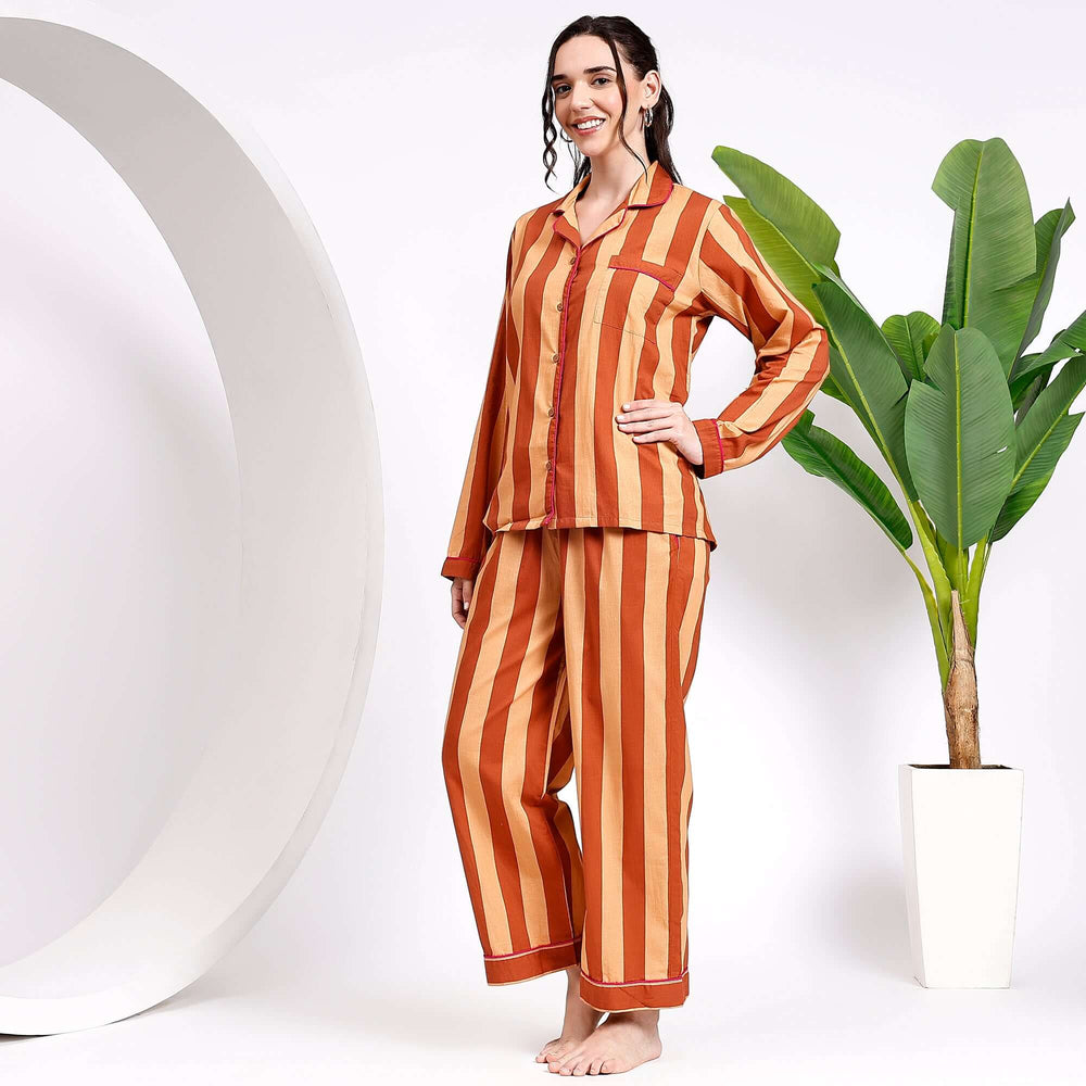 Stripe print pajamas – handmade block print cotton PJ set for women