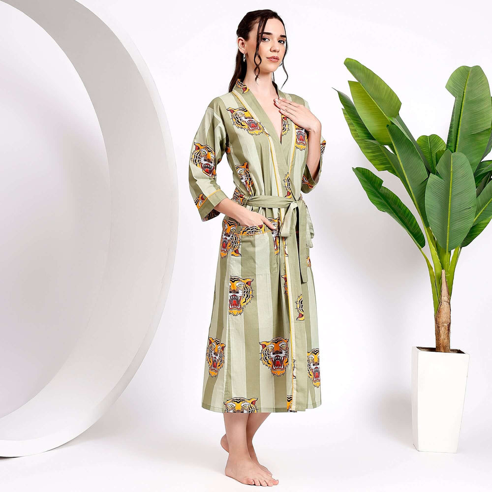 Tiger print cotton kimono robe – hand block printed dressing gown for women in soft breathable fabric