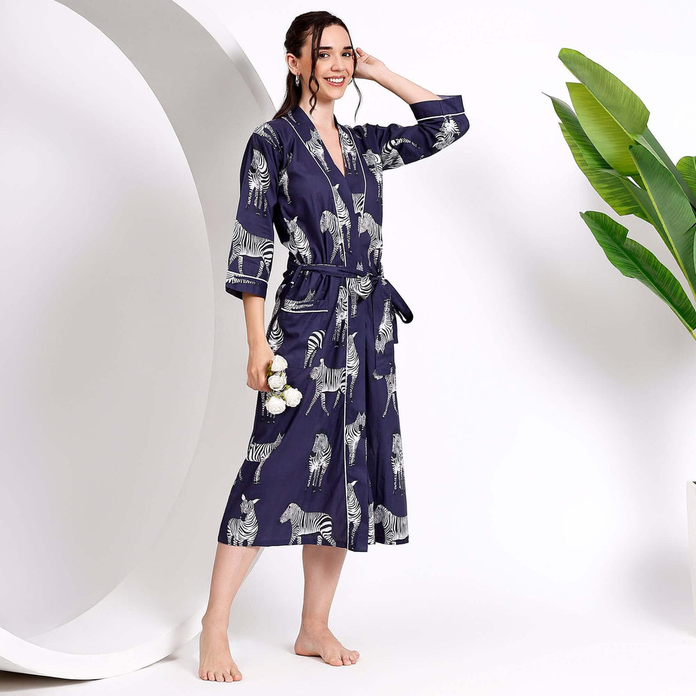 Cotton kimono robe for women – Indian animal print loungewear made with soft block printed fabric