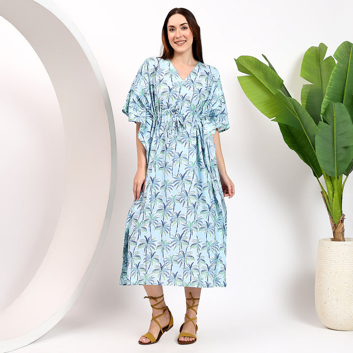 Floral print cotton kaftan dress for women