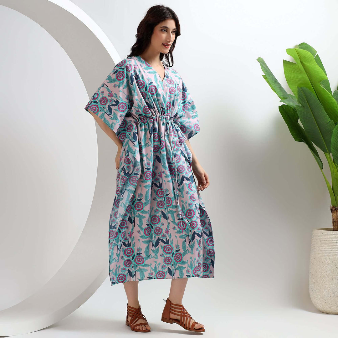 Indian Block Print Kaftan – Plus Size Cotton Caftan Dress XS / Green / 44 Inches