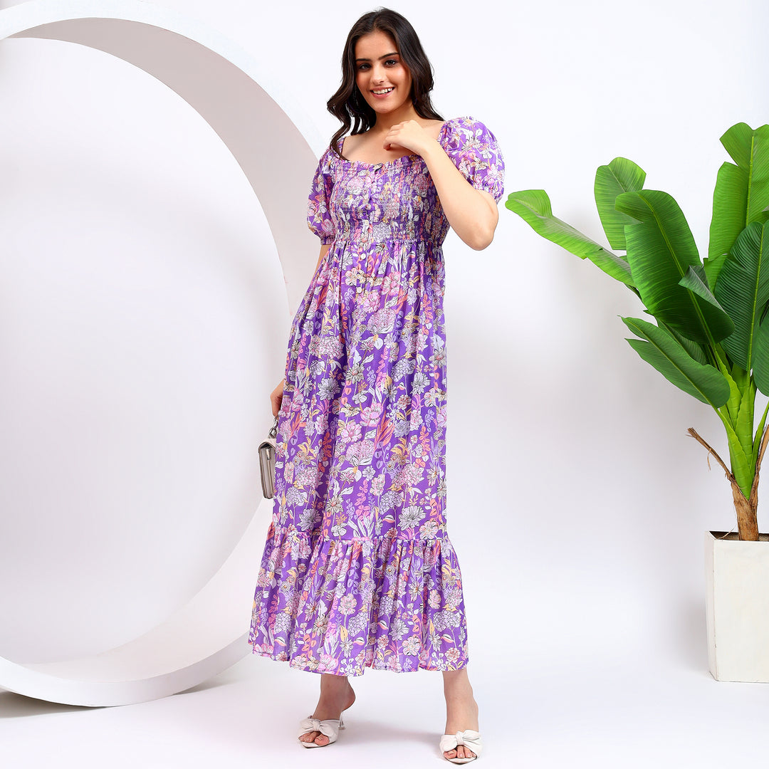 Full body shot of purple fit-and-flare dress with puff sleeves and button-down front