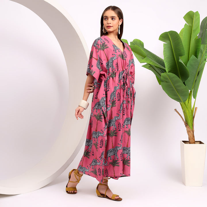 Pink Lounge Dress - Women's Calf Length Kaftaan