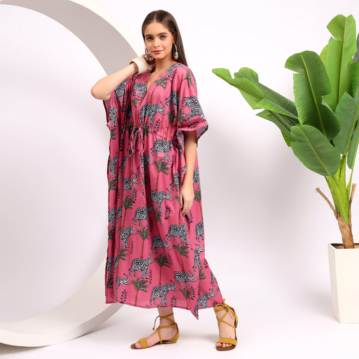 Pink Lounge Dress - Women's Calf Length Kaftaan