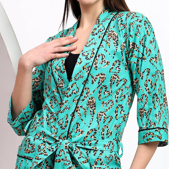 Boho animal print kimono robe – leopard cotton loungewear gown