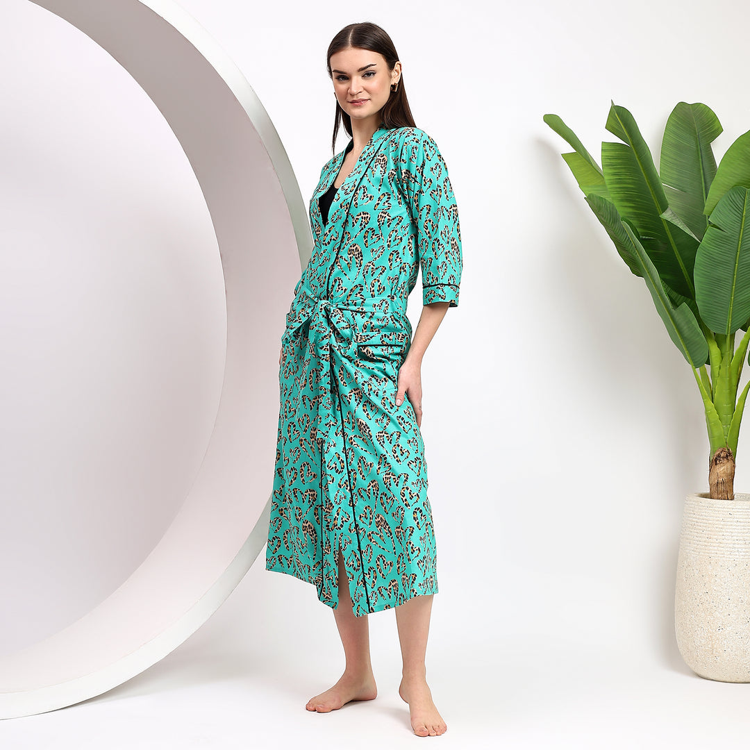 Leopard print cotton kimono robe – animal print dressing gown for women
