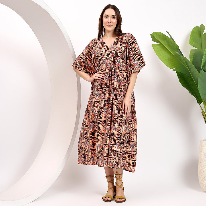 Animal block print kaftan – loose fit cotton abaya dress