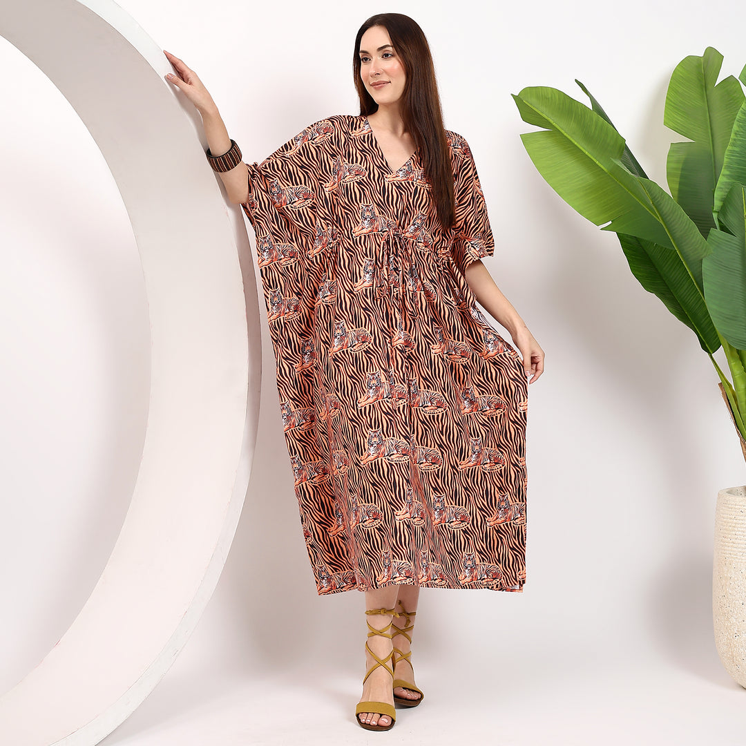 Block print caftan for women – animal print cotton dress