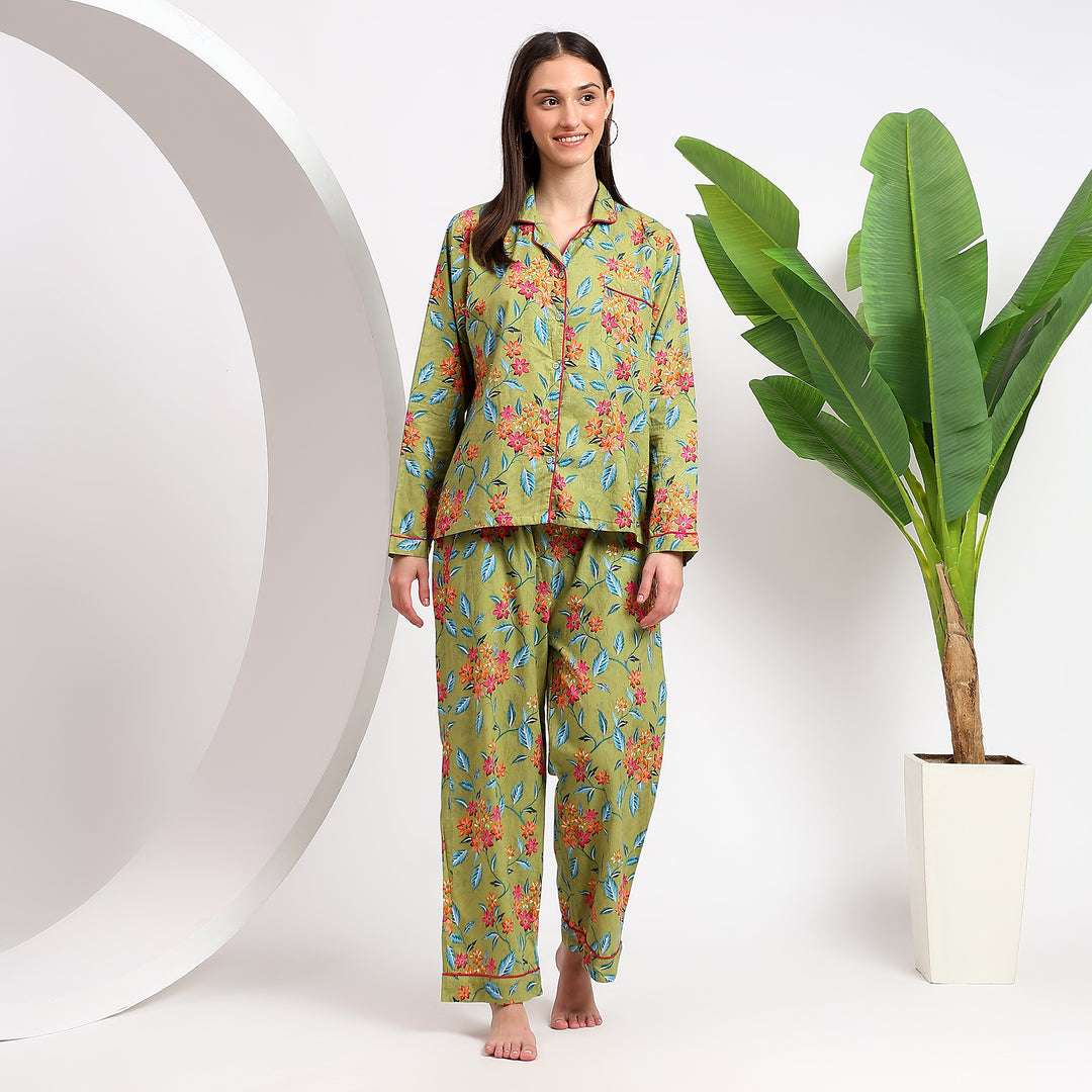 Sleep in Style: Yellow Cotton PJ Set with Floral Print