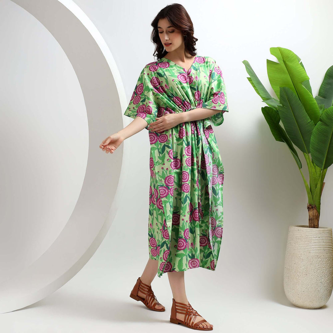 Indian Block Print Kaftan – Plus Size Cotton Caftan Dress XS / Green / 44 Inches
