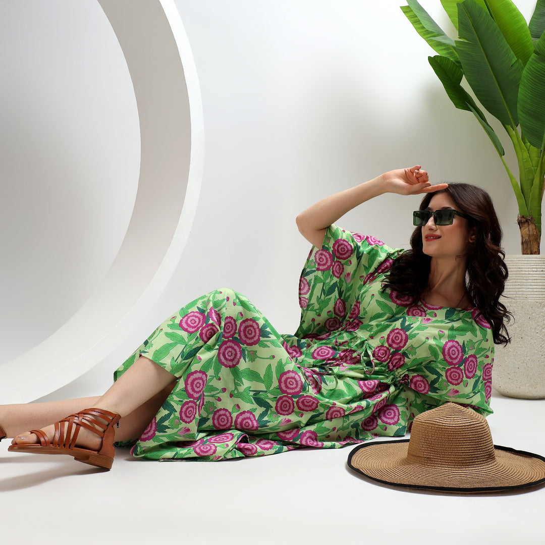 Block print cotton caftan for plus size women