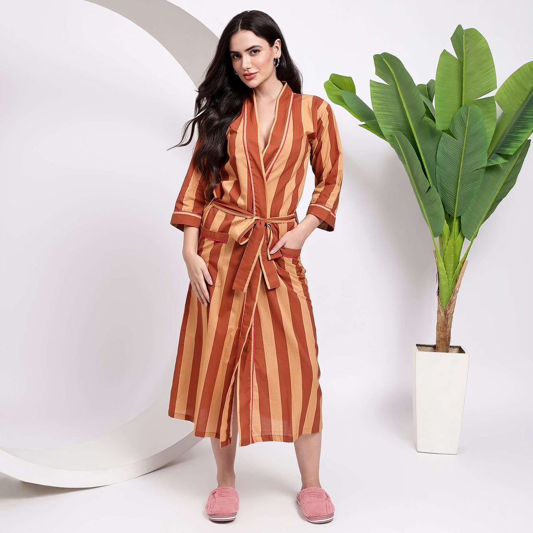 Stripe Kimonos & Bathrobe – Block Print Cotton Dressing Gown 3XL / Duck Green