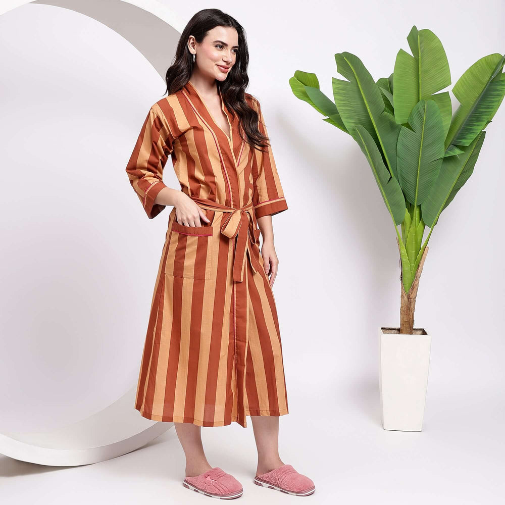 Striped cotton kimono bathrobe – Indian block print dressing gown for women made with breathable fabric