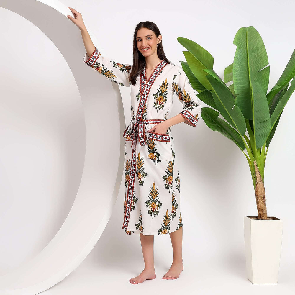 Floral block print cotton kimono robe – women’s dressing gown made from soft and breathable Indian fabric
