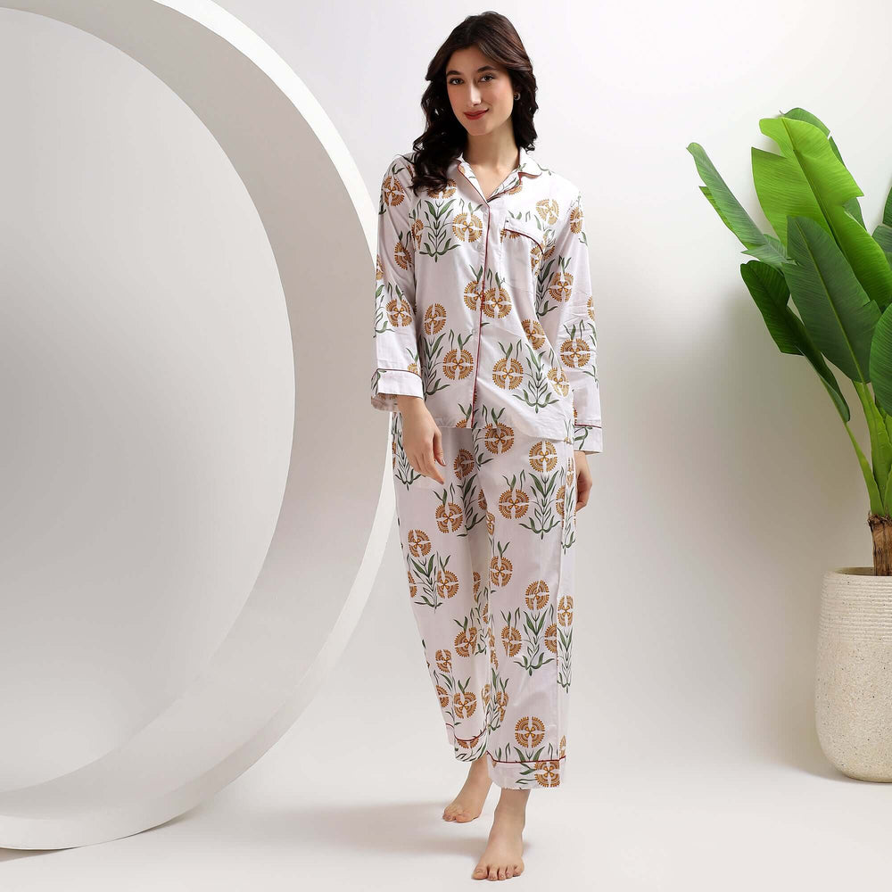 Woman wearing hand block print cotton pajamas for women, showcasing unique design and comfort.