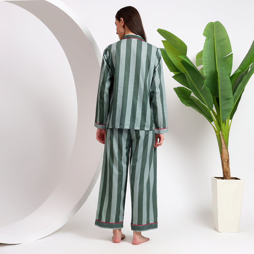 Soft Cotton Women's Pajamas Set - Duck Green Stripes