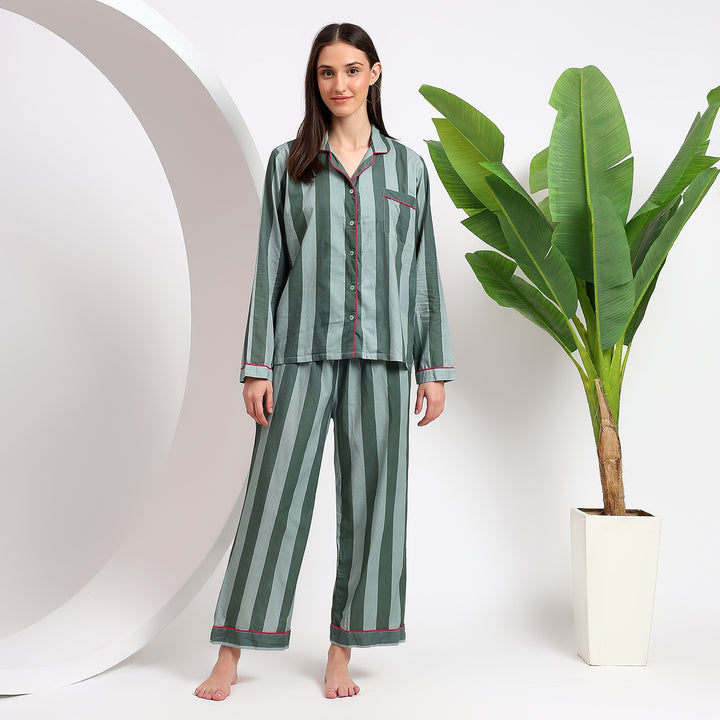 Soft Cotton Women's Pajamas Set - Duck Green Stripes