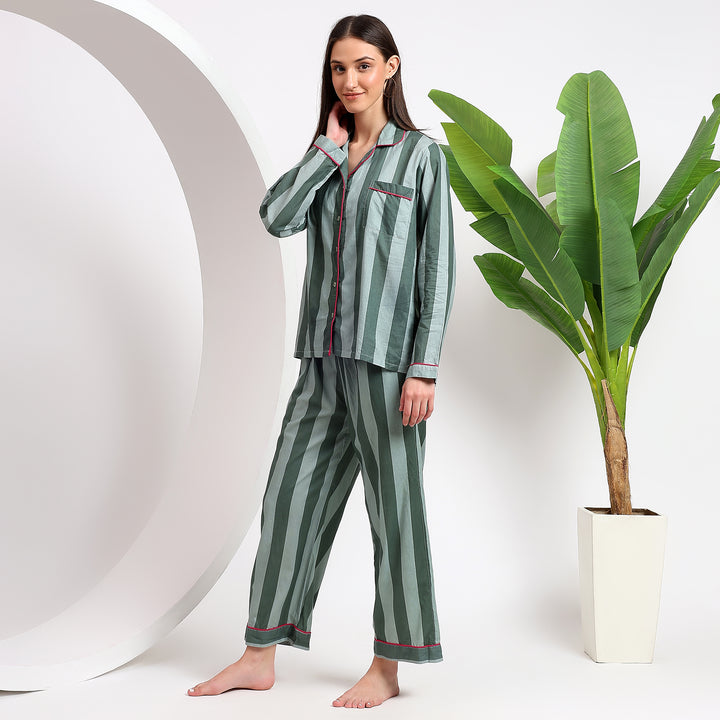 Soft Cotton Women's Pajamas Set - Duck Green Stripes