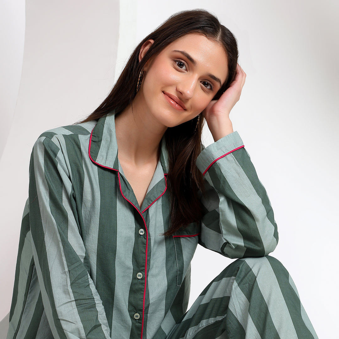 Soft Cotton Women's Pajamas Set - Duck Green Stripes