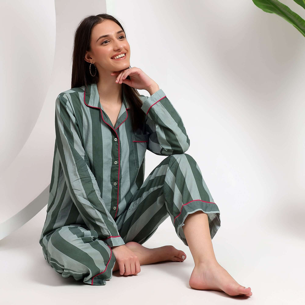 Stripe print pajama set for women – cotton PJs