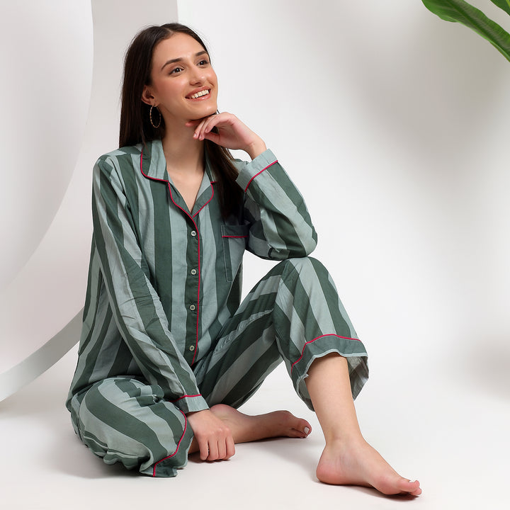 Soft Cotton Women's Pajamas Set - Duck Green Stripes