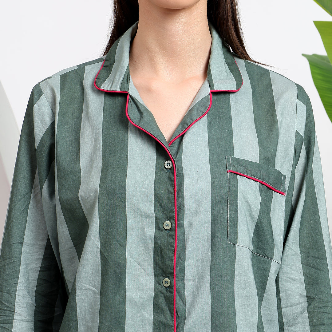 Soft Cotton Women's Pajamas Set - Duck Green Stripes