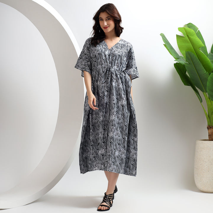 Handmade cotton caftan with tiger and elephant print