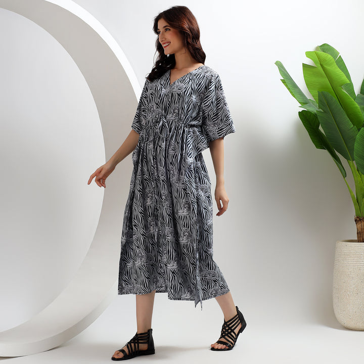 Boho Cotton Kaftan – Animal Block Print Abaya Dress