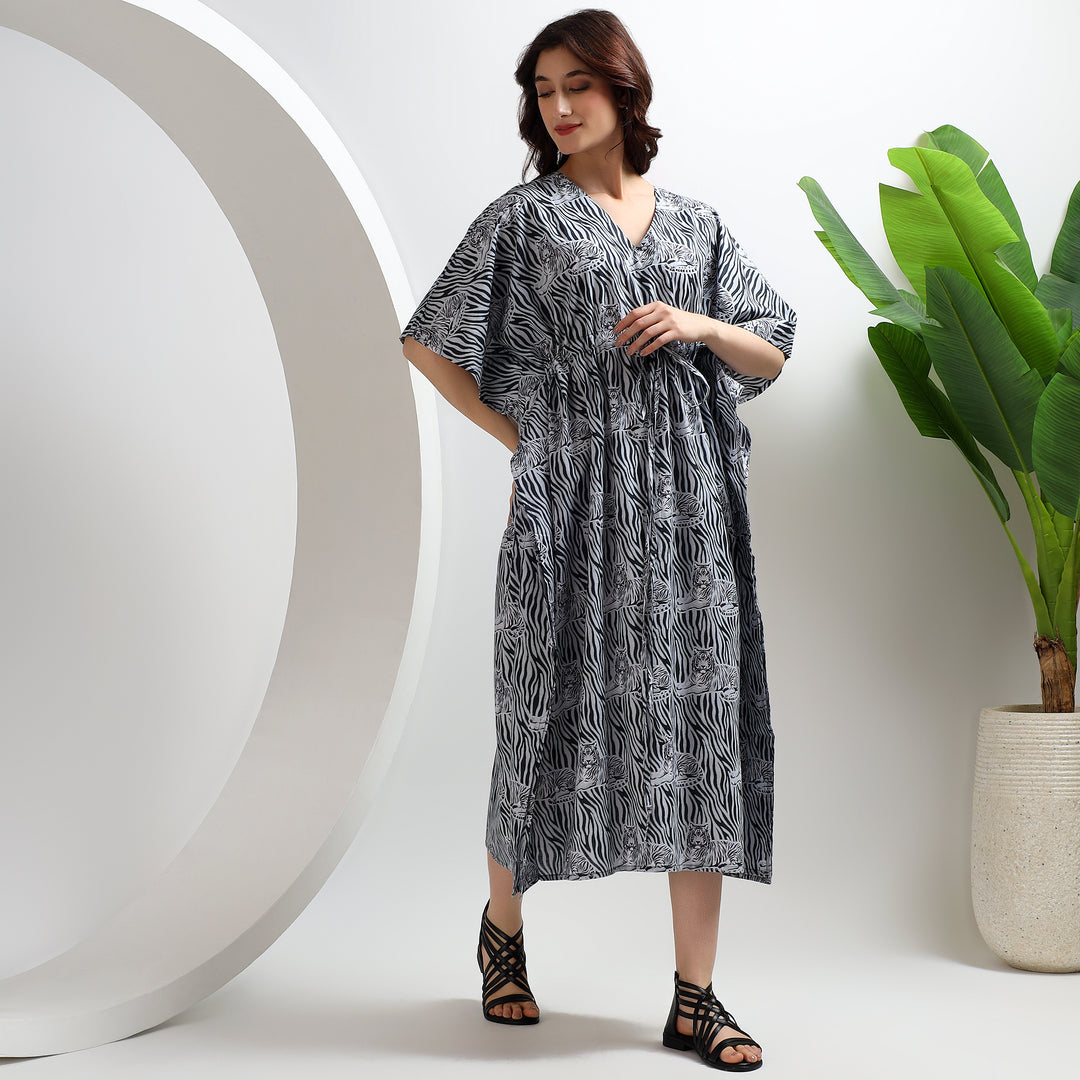 Flowy cotton abaya kaftan – animal motif block print