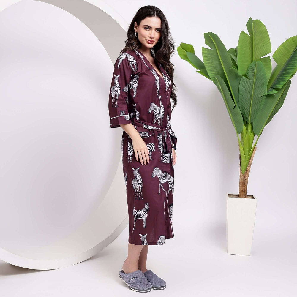 Long cotton kimono robe – zebra print robe for women with lightweight breathable fabric