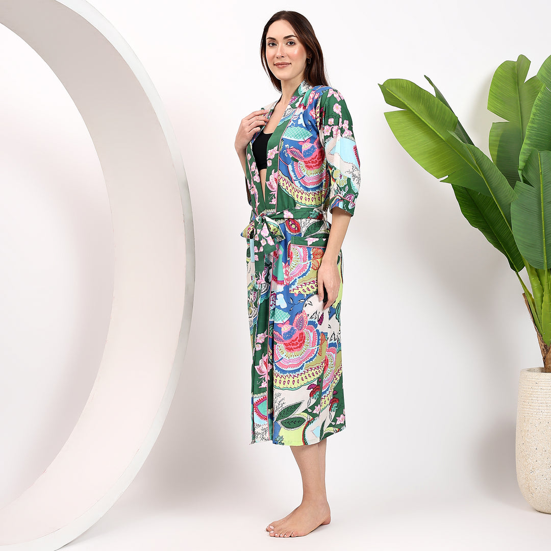 Lightweight cotton bathrobe – Indian block print kimono style for women