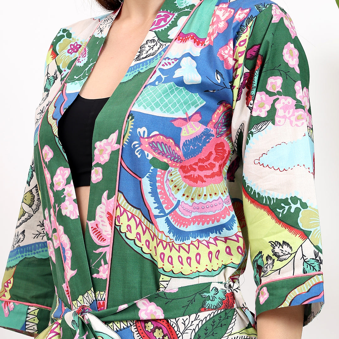 Women’s hand block print robe – breathable cotton kimono dressing gown