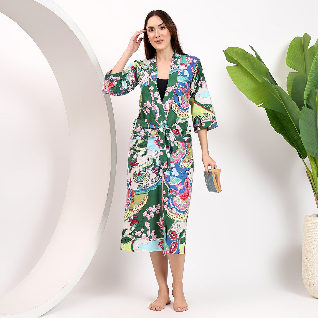 Hand Block Print Cotton Bathrobe – Indian Kimono for Women