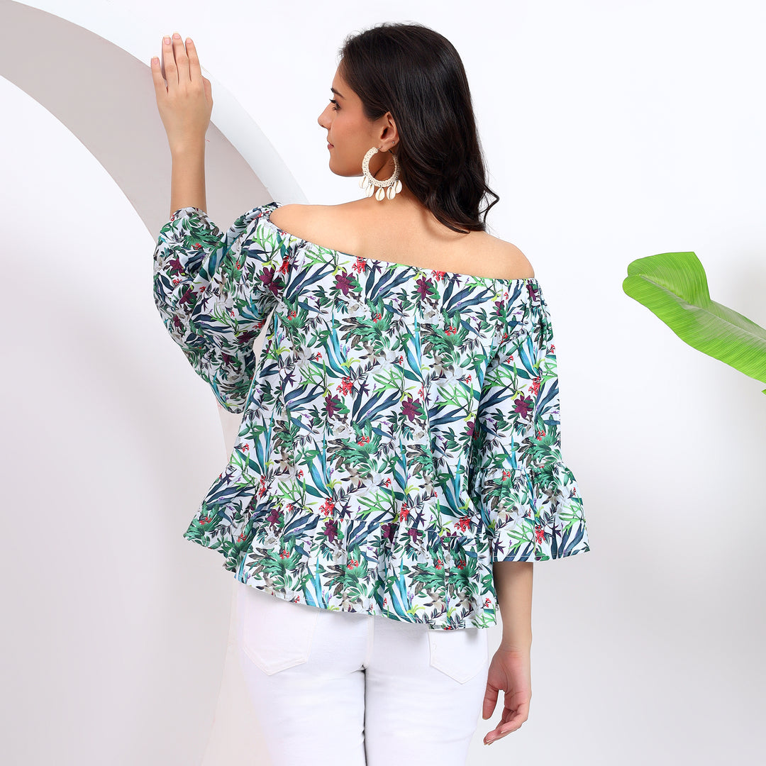 Uncovered shoulder floral tunic, designed for summer comfort.