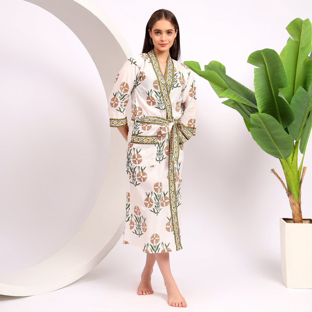 Cotton Kimono Robes Indian Block Print Floral Dressing Gown 3XL / Carmine Cotton Kimono Robes Indian Block Print Floral Dressing Gown 3XL / Carmine