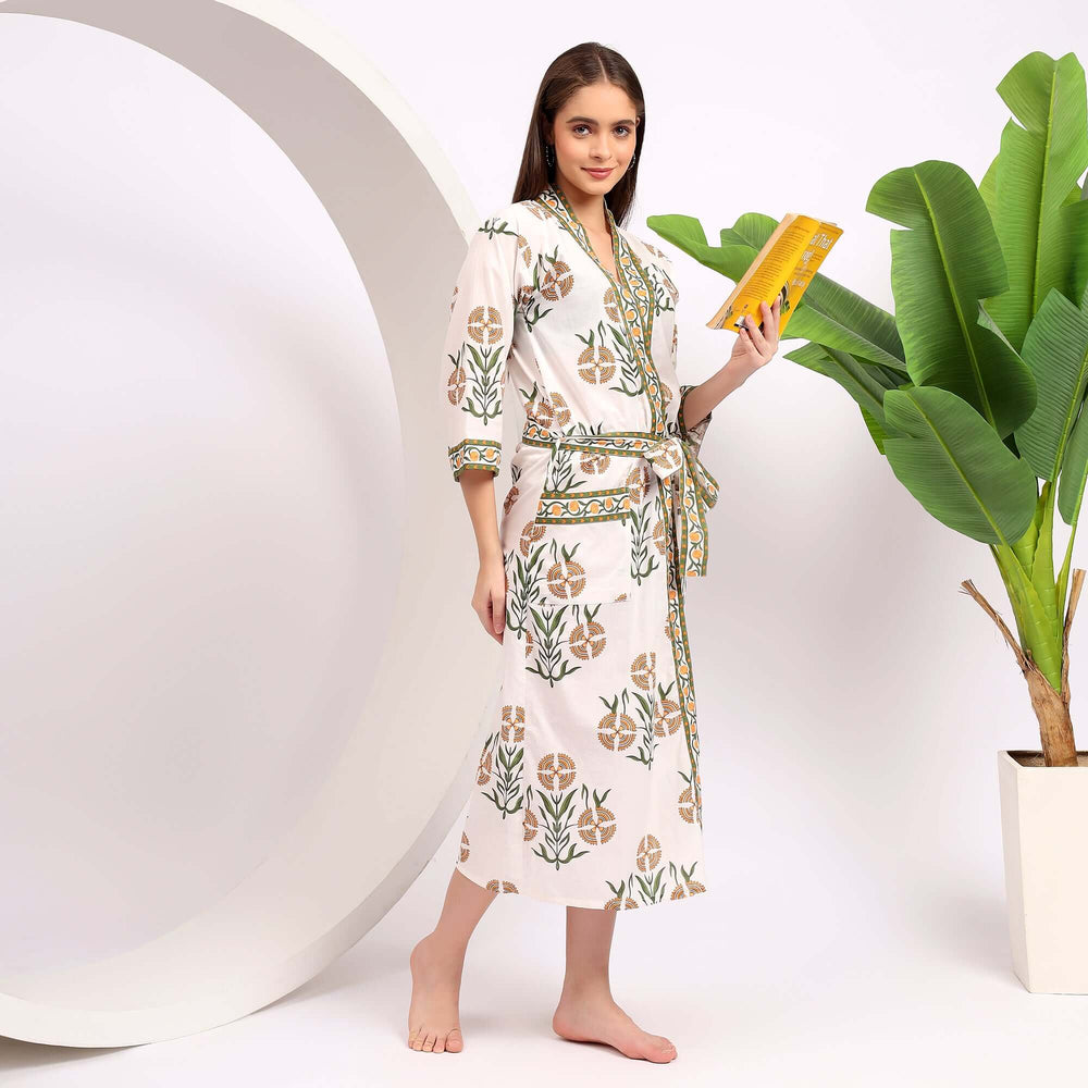 indian Cotton Kimono Robe – Block Print Floral Dressing Gown for women