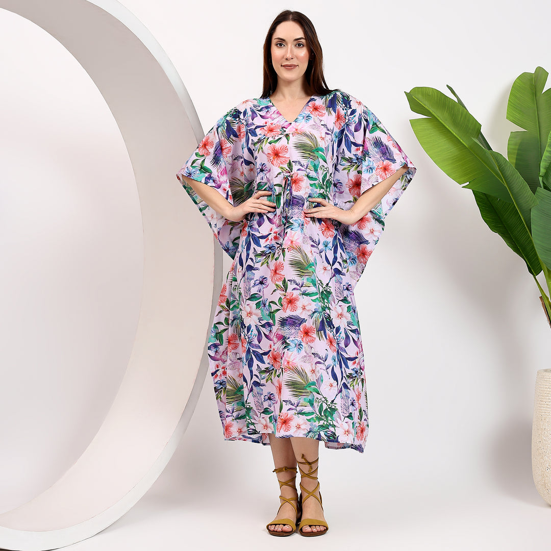 Block printed kaftan dress in floral cotton fabric