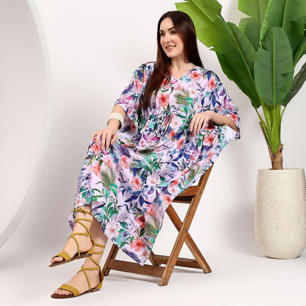 Floral print cotton caftan with Indian block design