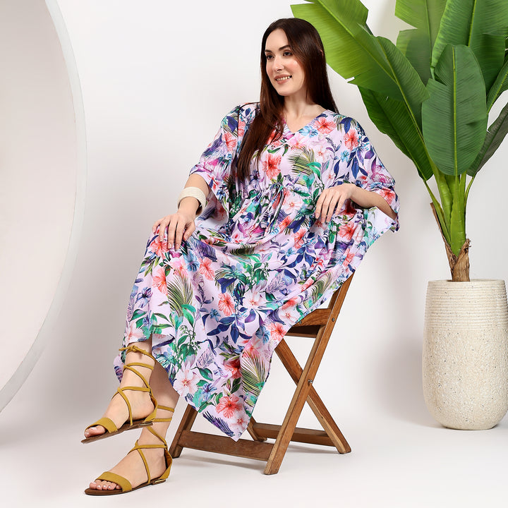 Floral print cotton caftan with Indian block design