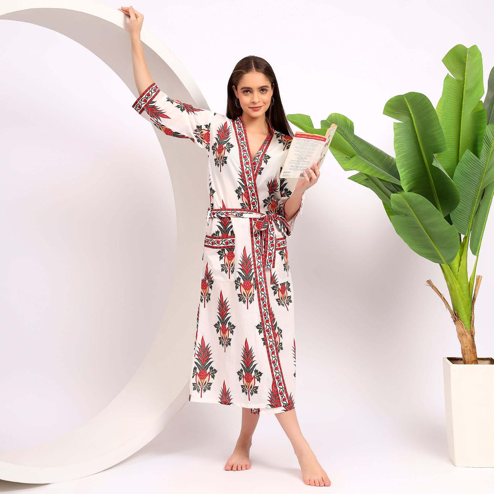 Hand block printed floral cotton robe – Indian kimono dressing gown for women made with breathable fabric