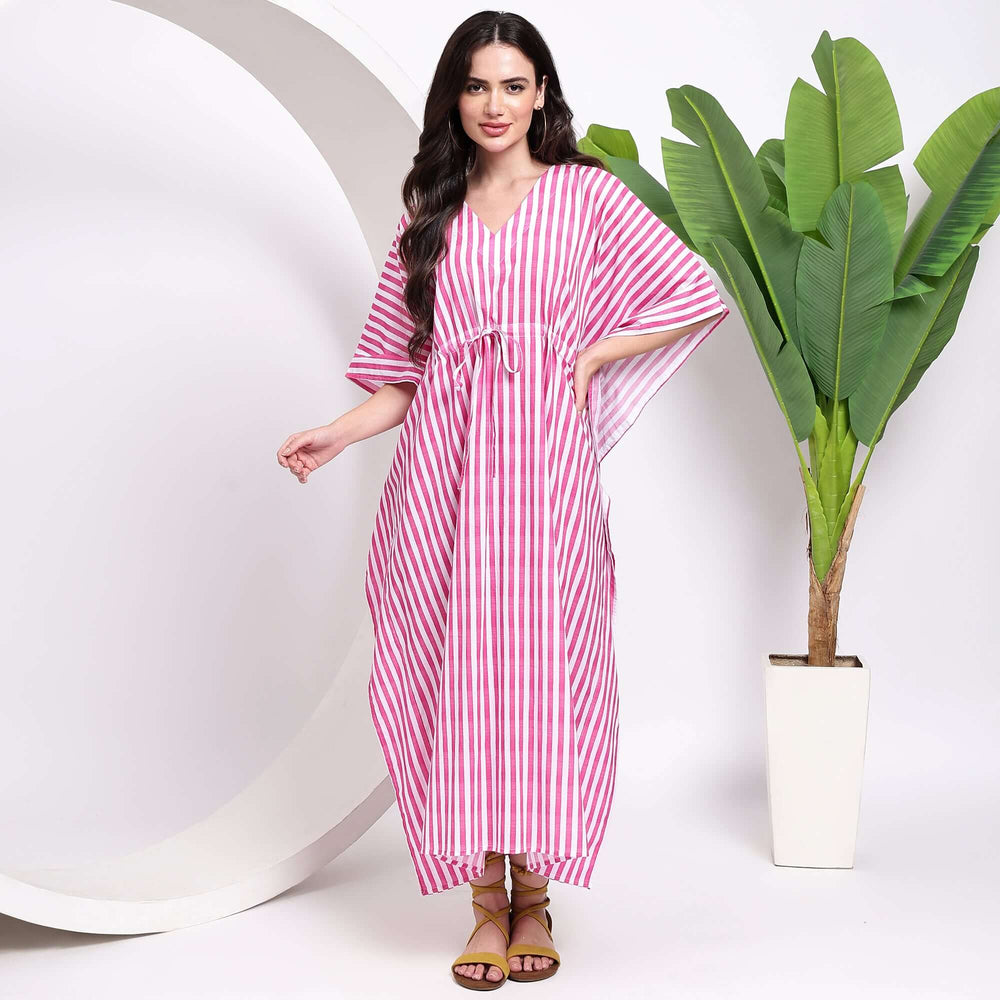 Pink stripe cotton caftan – Indian block print dress