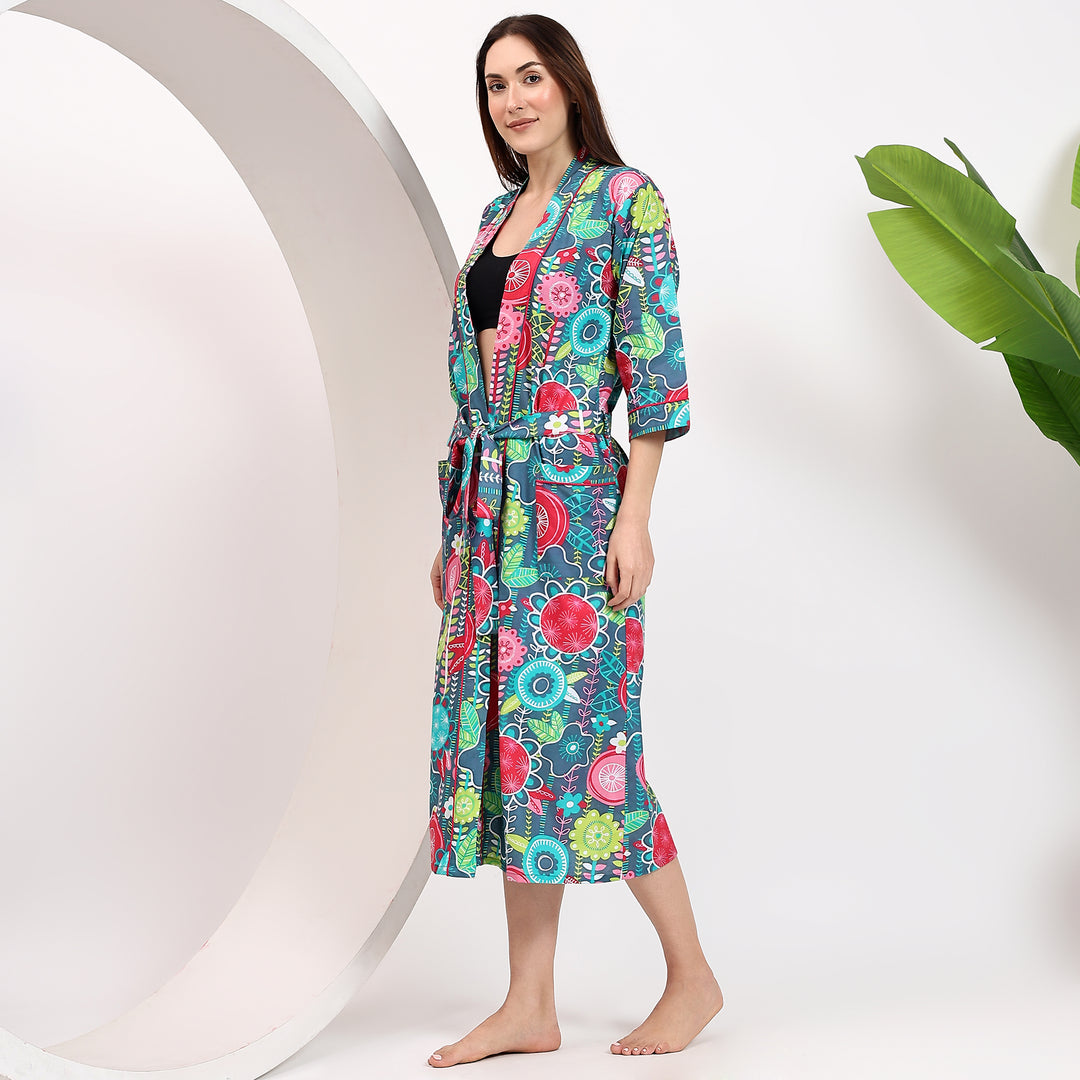 Women’s cotton dressing gown – Indian block tropical kimono
